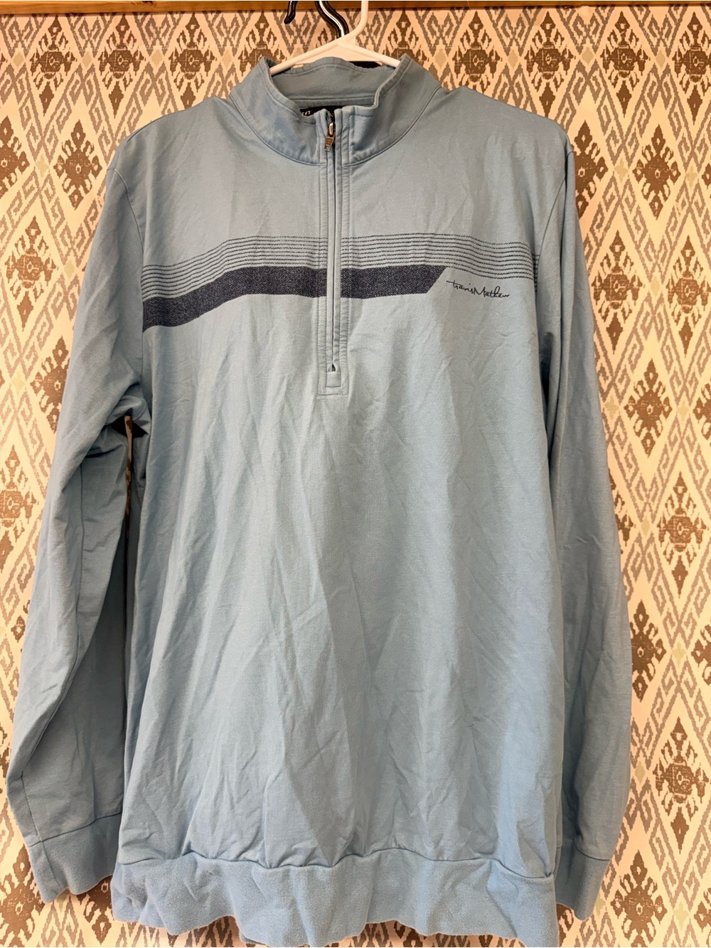 Travis Mathew Light Blue Quarter-Zip Pullover with Navy Stripe